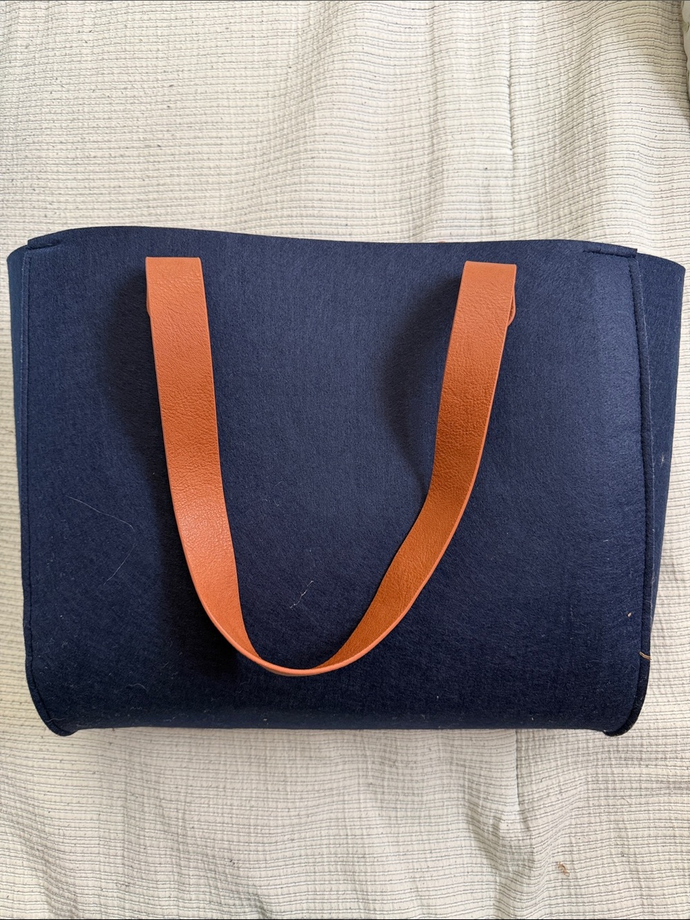 Navy Felt Tote Bag with Tan Leather Handles